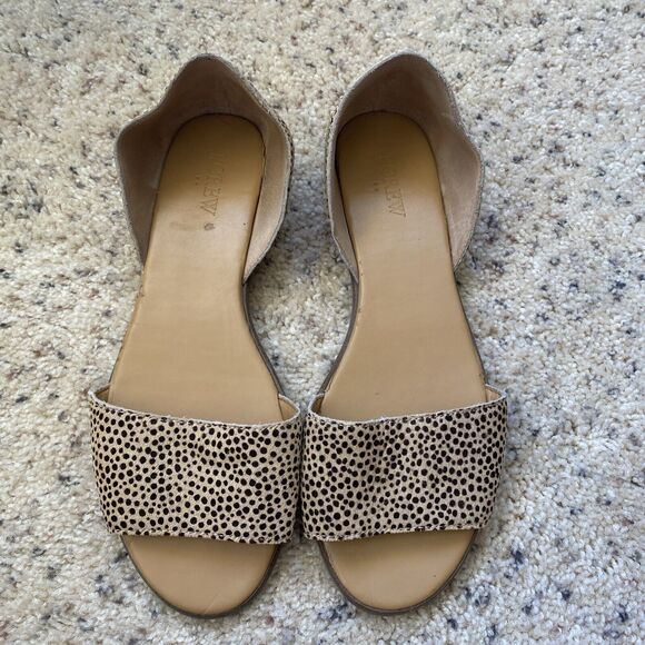 J BY J.CREW PEEP TOE FLAT SHOES LIGHT BEIGE BROWN DOTS LEATHER CALF HAIR SZ 8 - Picture 1 of 7
